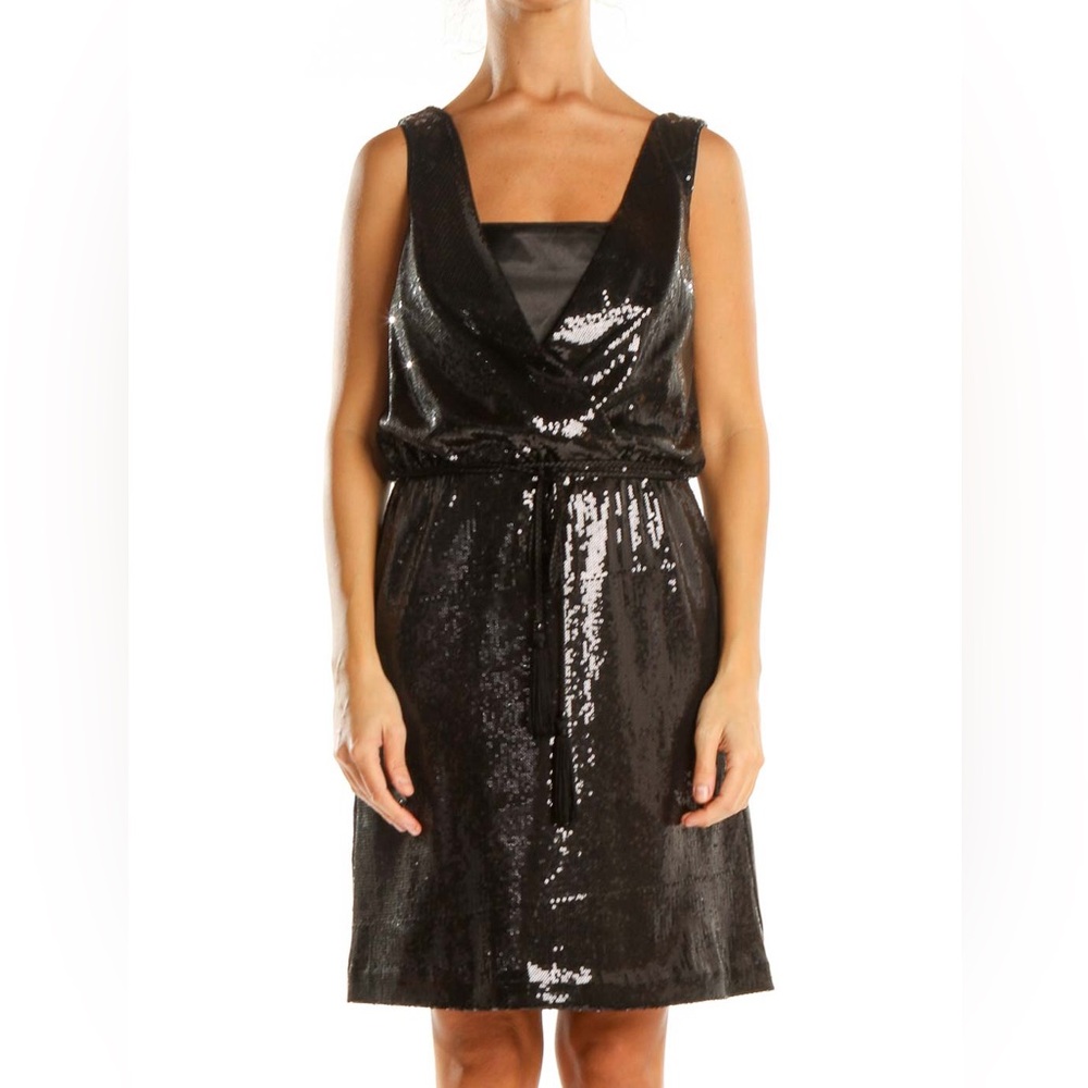 White House Black Market Black Sequins Tie Waist Dress LBD Women’s Sz 8 NWOT